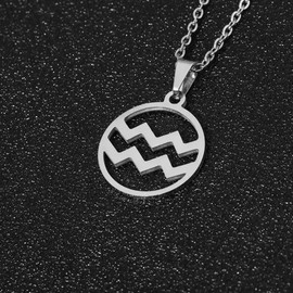 Silver Star Sign Circle Pendant Chain Necklace - Aquarius (20th January - 18th February) - Zodiac Constellation Horoscope Celestial Astrology Jewellery - Women Men Gift