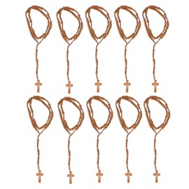 10pcs Wooden Rosary Jesus Imprint Catholic Unisex Style Natural Wooden Bead Cross Rosary Necklace Jewelry for Men Women Light Brown