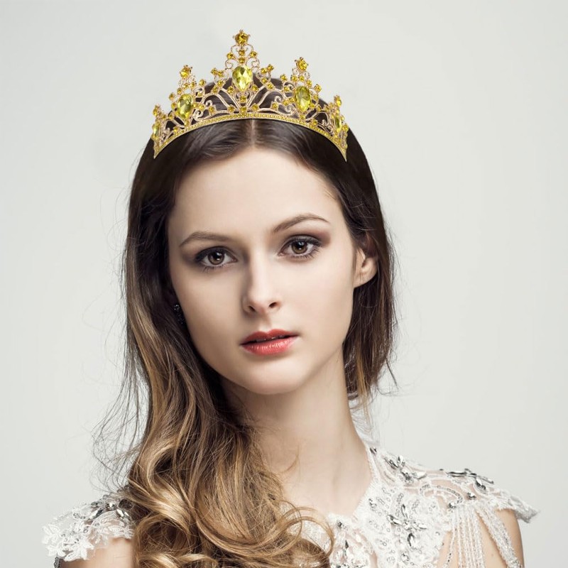AHONEY Gold Crown Tiara for Women - Yellow Crystal Rhinestone