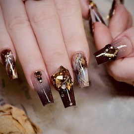 Pikabows Press On Nails Long Coffin Marble Browm Gradient Rhinestone Fake Nails Acrylic False Nail Tips Kit Glue on Nails for Women