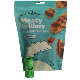 Wiggles & Wags Meaty Grillers Soft and Chewy with Chicken Dog Treats. One Twelve Ounce Bag.Plus Biggs Dog Waste Bags.