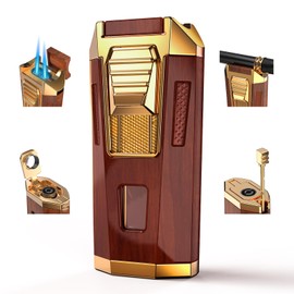All-in-One Torch Lighter with Punch, Holder, and Draw Enhancer Tool, Adjustable Windproof 2 Jet Flame Lighters, Refillable Lighters Gift for Men(Mahogany)