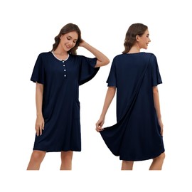 Hospital Gowns for Women Tear Away Snap Open Back Post Shoulder Surgery Dress Delivery Nightgown(Navy Blue-XL)