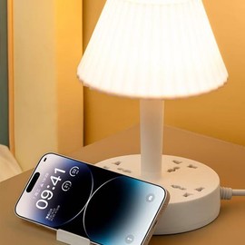 MAXBROTHERS White 3-in-1 Desk Lamp with Power Strip | 3 Adjustable Brightness Levels, 3 AC Outlets & 2 USB Ports, Free Phone Holder | Space-Saving Night Light for Home Office