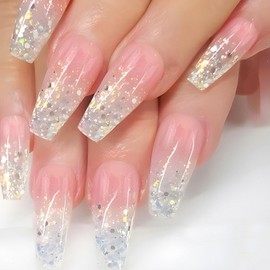 Coffin Press on Nails Medium Long Fake Nails with Glitter Sequins Design Acrylic Transparent Glue on Nails Pink Gradient False Nails Medium Long Coffin Nails Press ons for Girls 24Pcs