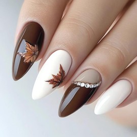 24Pcs Maple Leaf Press on Nails Medium -Length Almond Nail Retro Autumn Leaves Fake Nails with Fall Thanksgiving Design Dark Glossy False Nails Rhinestones Nails Charms Stick on Nails for Women