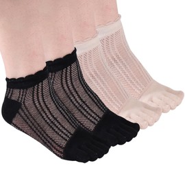HABITER Women's Toe socks Cotton Lightweight No Show Five Fingers Running Socks 4 Pack (Grid Black&Beige)