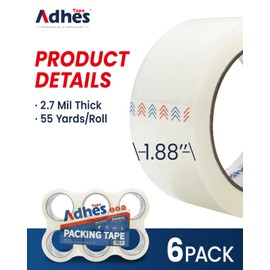 ADHES Heavy Duty Packing Tape, 6 Rolls, 1.88 Inch x 55 Yards, 2.7 mil Clear Shipping Tape Strong & Durable Package Tape for Shipping, Moving, Mailing and Sealing