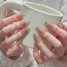 Pure Handmade Nails Press on Nail Reusable Fake Nails Golden RhineStones Bling Bling Medium Stick on Nails French Tip False Nails 10pcs (XS, Q299)