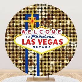 Laeacco 7.2x7.2ft Las Vegas Party Round Backdrop Welcome to Las Vegas Fabulous Casino Night Poker Circle Background Gold Dots Print Birthday Party Arch Backdrop Costume Dress-up Party Photo Props