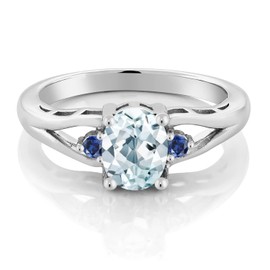 Gem Stone King 925 Sterling Silver Sky Blue Aquamarine and Blue Created Sapphire 3 Stone Engagement Ring For Women | 1.29 Cttw | Oval 8X6MM | Round 2MM | Gemstone March Birthstone | Size 7