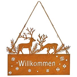 Macosa GW10030520 Decorative Sign, Welcome Deer, Rust, Metal Door Sign, Winter Autumn Decoration, Hanging Decoration, Christmas, Winter Decoration