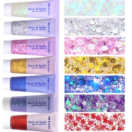 Face Body Glitter, Hair Glitter Sparkles Chunky Body Face Glitter Gel for Girls Makeup Singer Concerts Mermaid (White+Silver+Pink+Gold+Blue+Purple+Red)