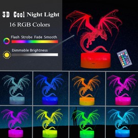Dragon Night Light, Dragon Gifts, Dragon 3D Illusion Lamp with 16 Colors Changing, Remote Control Timer and Dimmable, Kids Boys Girls Room Decoration, Holiday Xmas Gifts