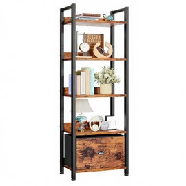 Estantería de Escalera,Estantería Alta de 5 Niveles con Cajón,Mueble Organizador para Sala, Oficina o Recámara,Estanteria Organizador de Libros,Marrón