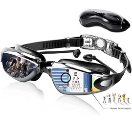 [ESAVIA] スイミングゴーグル 度付き 水泳ゴーグル 近視用 スイムゴーグル 度付きレンズ 水中眼鏡 曇り止め 紫外線カット 水中メガネ ケース付き 耳栓付き (-6.5, ブラック)