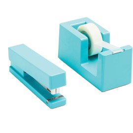 Poppin Dynamic Duo Stapler and Tape Dispenser Set - Aqua, Staple Up to 20 Sheets of Paper, Solid Weighted Core Tape Dispenser, Matching Lengths for an Even Setup
