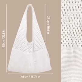 DIPZO Crochet Beach Bag, Summer Tote Bag for Women, Knit Mesh Shoulder Bag, White Boho Handbag for Travel, Shopping, School & Work