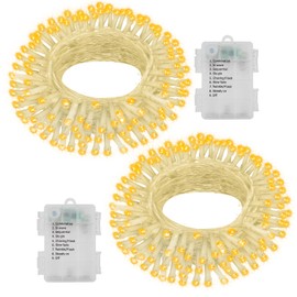 Paquete de 2 luces LED de 25.5 pies, 70 luces LED que funcionan con pilas, cadena de luces con temporizador, 8 modos, luces centelleantes, alambre transparente para boda, fiesta, recámara, decoración