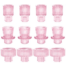 Glass Candlestick Holders Taper Candle Holders Bulk - Premium Multipurpose Tealight Candle Holders for Table Centerpieces, Wedding, Party, Festival, Dinner Table, Home Decoration (12 Pcs, Pink)