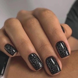 Modelones 32Pcs Sparkle Black Press on Nails, Glitter Short Square Fake Nails, Reusable Nail Kit with Nail Glue Adhesive Tabs Mini Nail File, Nails Press Ons 16 Sizes | modelones