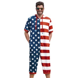 Men's Patriotic Star-Print Coverall Fashionable Memorial Zip-Up Costume with Pocket 4th of July Patchwork Onesie XL