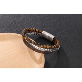 PiercingJak Men's Bracelet Hematite Tiger's Eye Stones Leather Bracelet for Men Bangle Made of Braided Genuine Leather Stainless Steel Healing Stones Beads Charm Jewellery Birthday Gifts for Men, 22