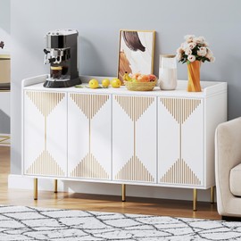 DWVO Modern Kitchen Storage Cabinet with Adjustable Shelves, 55" Sideboard Buffet Cabinet with Storage for Hallway, Kitchen or Living Room, White/Gold