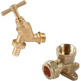 Brass Garden Tap Set, 1/2-inch BSP, with Wallplate Elbow and Hose Union Bib Tap
