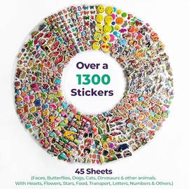 Puffy Stickers for Kids 45 Sheets - 3D Puffy Sheets - 1300+ Kids Stickers - Perfect for Party Bag Fillers, Sticker for Scrapbooking, Fun with Sticker of Cars, Letters, Numbers, Dinosaur, Stars & More
