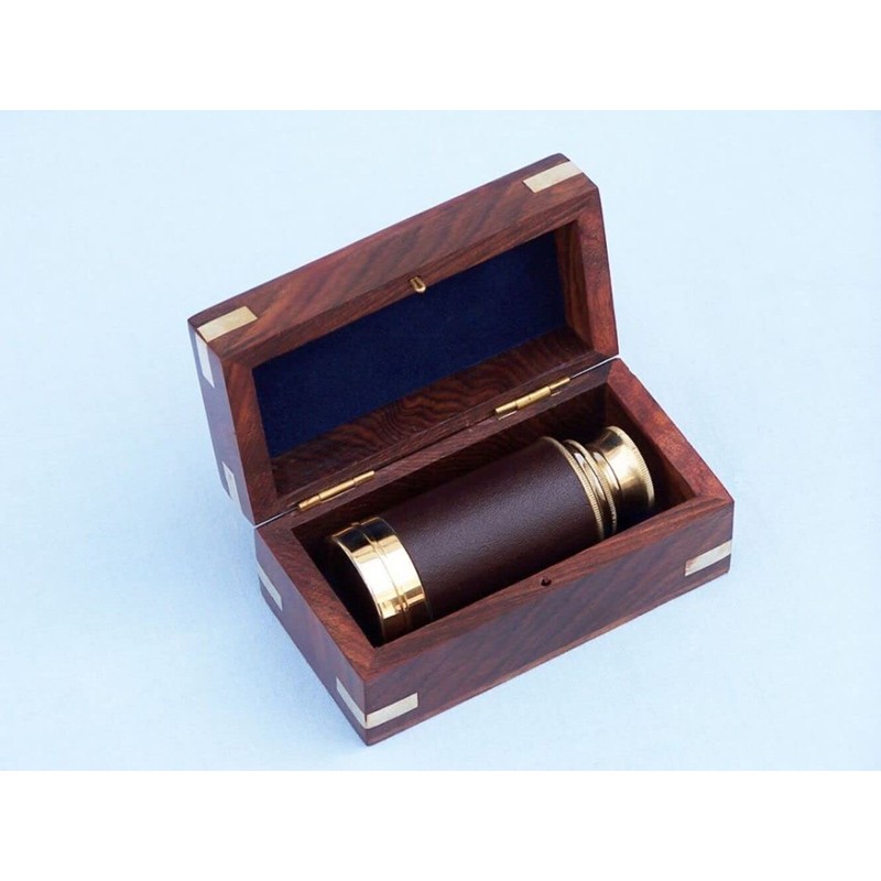 Hampton Nautical Scout's Chrome/Leather Spyglass Telescope with Black Rosewood Box,