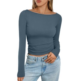 Trendy Queen Women's Boat Neck Tops Long Sleeve Shirts Casual Fitted Tee Shirts Solid Color Fall Basic Clothes HazeBlue L