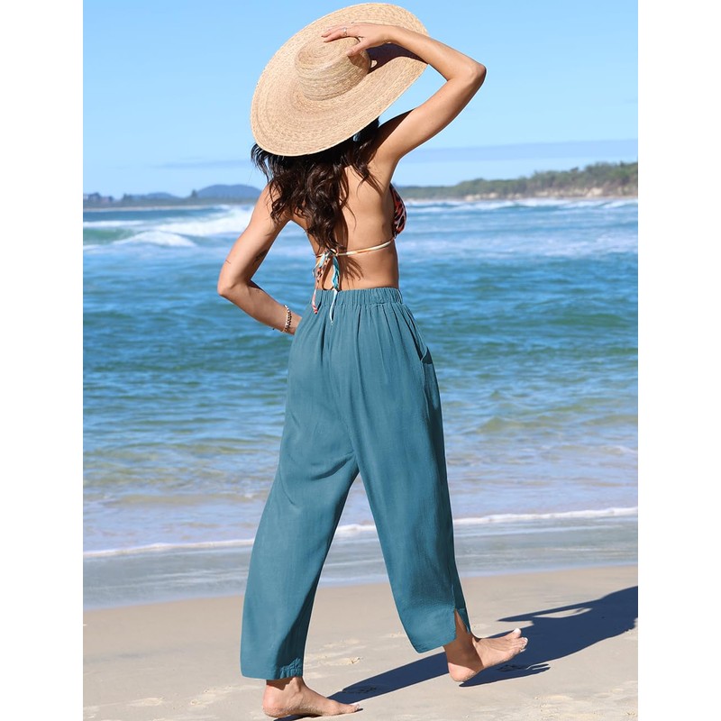 TARSE Womens Linen Wide Leg Pants Casual Loose Drawstring Summer