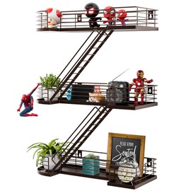 YEMNMFH 15 Inch Fire Escape Wall Shelf - Coffee Metal Decorative Shelves, Eye-Catching Figurine Display Shelf Wall Mounted, Unique Ladder Home Décor for Knick Knack, Action Figure, Bedroom, Bathroom