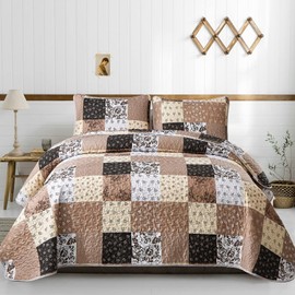 Mybedsoul Brown Quilt Set Twin Size, 2 Pieces Plaid Floral Bedspread Set Patchwork Reversible Bedding Set Microfiber Lightweight Bedspread Coverlet Set for All Season 68"x86"