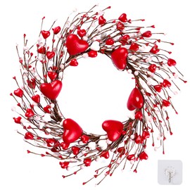 Sggvecsy 18’’ Valentine's Day Wreath Handmade Foam Heart Shaped Wreath Red Pip Berry Artificial Rustic Twig Wreath Artificial Door Wreath for Wedding Party Home Office Decor