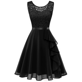 BeryLove Homecoming Dresses for Teens Cocktail Dresses Wedding Guest Short Bridesmaid Lace Formal Dress for Women Ruffle Party Prom Dress 7052 Black XS