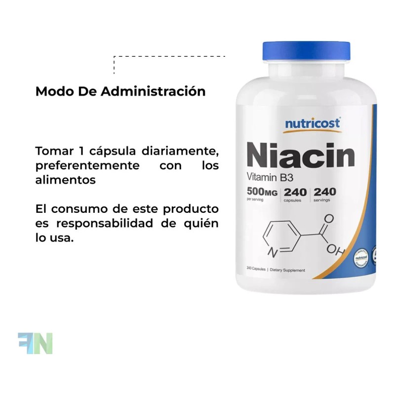 Vitamina B3 Niacin 500mg 240ct Sabor Sin Sabor