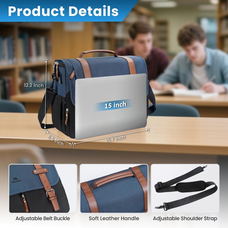 MATEIN Messenger Bag for School with USB Charging Port, Large