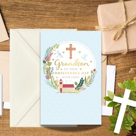 Words 'n' Wishes Traditional Christening Card for Grandson, Grandson Christening Card, Multi-Coloured 21.7 x 14.4 cms