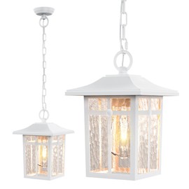 Lawyettle Outdoor Hanging Lights, 10.7" Outdoor Chandelier Exterior Pendant Lighting with Water Ripple Glass, White Outside Pendant Light, Whaterproof Hanging Porch Light for Gazebo Patio Yard