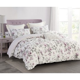 SLEEPBELLA Comforter Queen Size, 600 Thread Count Cotton White Print with Purple Flowers Reversible Comforter Sets, Down Alternative Bedding Set 3Pcs(Queen, Purple Floral)