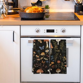 GWFSJYU Vintage Mushroom Botanical Kitchen Towels Set of 2, Spring Butterfly Flower Dish Tea Towels for Kitchen, Dark Cottagecore Botanical Hand Towel for Bathroom, Mushroom Kitchen Decor, 16x24 Inch