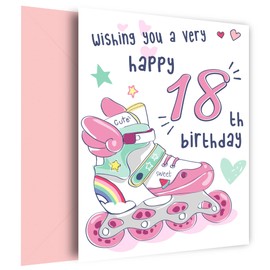 Rollerblades 18th Birthday Card for Girls | Roller Skates & Skating 18 Year Old Girl Bday Card for Granddaughter, Daughter, Sister or Niece, 18th Birthday, Pink