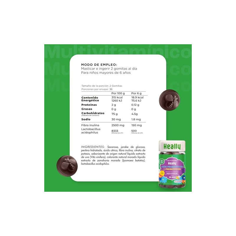 Gomitas Probióticos Niños Inulina y Lactobacillus HEALLY KIDS