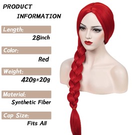 28" Long Women Pigtail Braid Wigs Red wigs Heat Resistant Synthetic Wigs Halloween Cosplay Daily Party Wigs Free Wig Cap(Red)