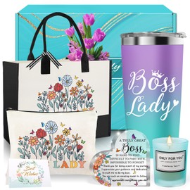 Boss Lady Gifts for Women, Best Boss Day Gifts for women with 20 OZ Stainless Steel Insulated Mug Canvas Tote Bag Makeup Bag Acrylic Decor, Boss Gift for Birthday Christmas