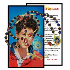 Carlo Acutis Patron Saint of The Internet Beautiful Fire Polished Glass Beads Round 10mm Rosary with Gold Plated Crucifix