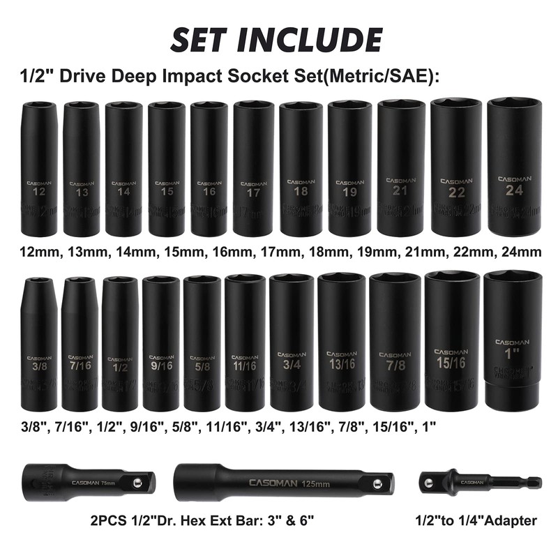 CASOMAN 25PCS 1/2" Drive Impact Socket Set, Deep, Cr-V Steel,
