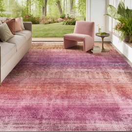 Kokia Abstract Area Rugs 8x10 Bedroom Soft Living Room Rugs Washable Distressed Vintage Comfy Red Carpet with Non-Slip Backing for Farmhouse Home Office Room Decor, Pink Orange Rug, Oslo Passion